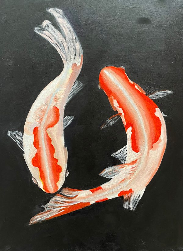 Original oil painting dancing koi fish